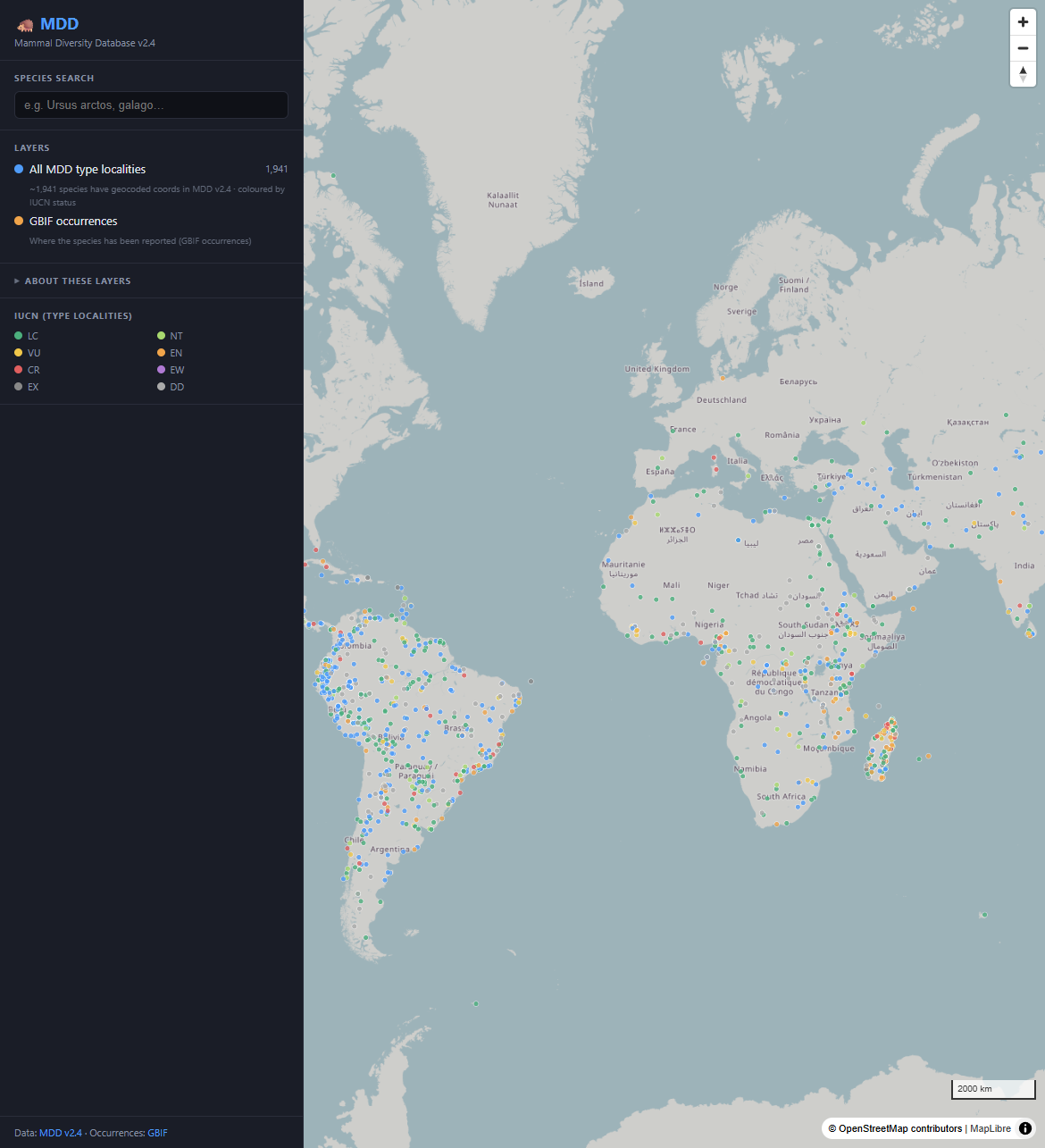 MDD web map — type localities coloured by IUCN status